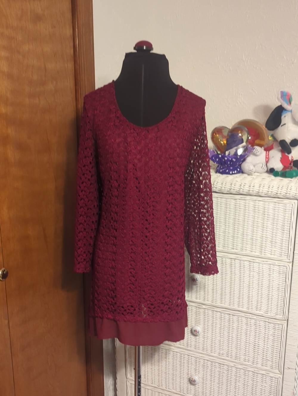 JM Collection Wine Crochet Long Sleeve Layered Dress